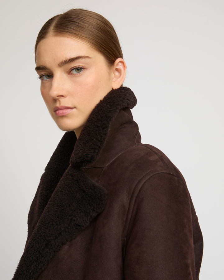 Gonfio lambskin suede effect pea coat - brown