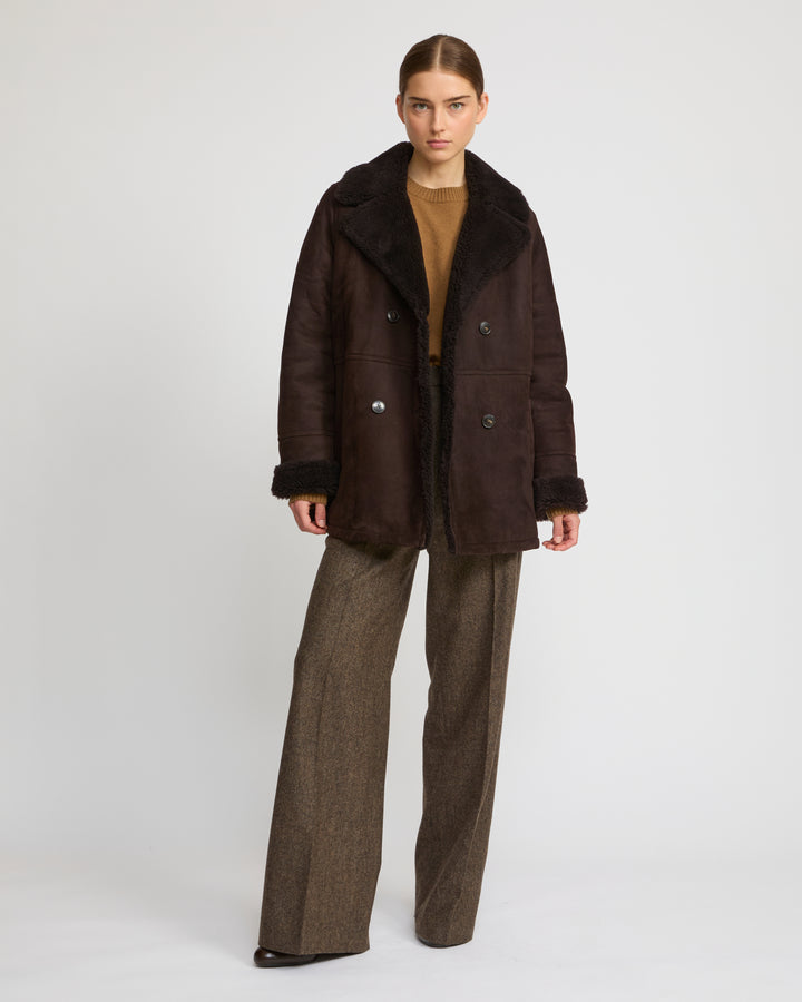 Gonfio lambskin suede effect pea coat - brown