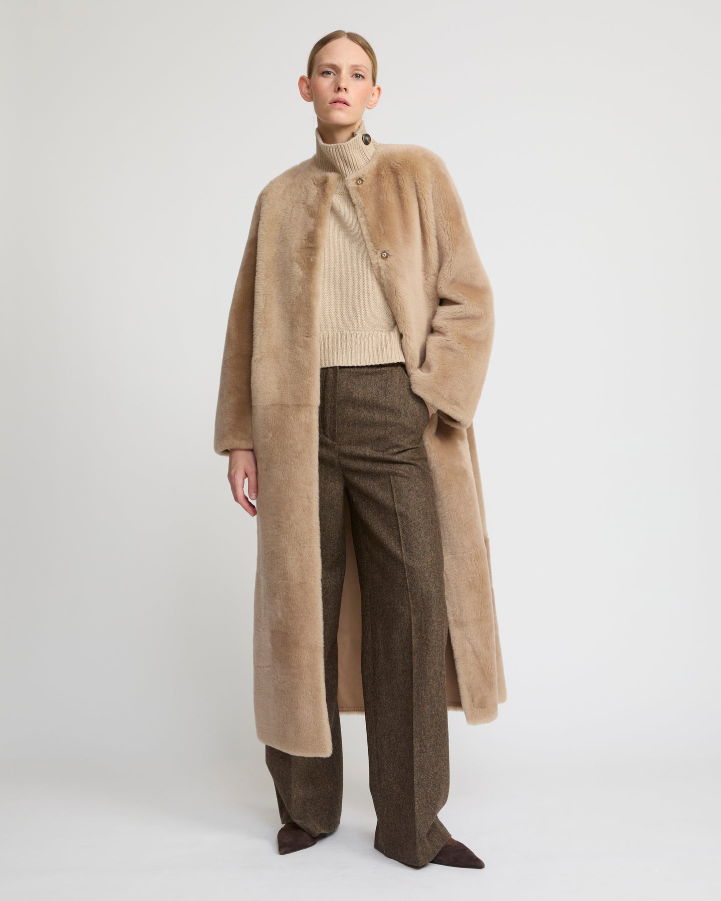 Extra long draped lambskin shearling coat