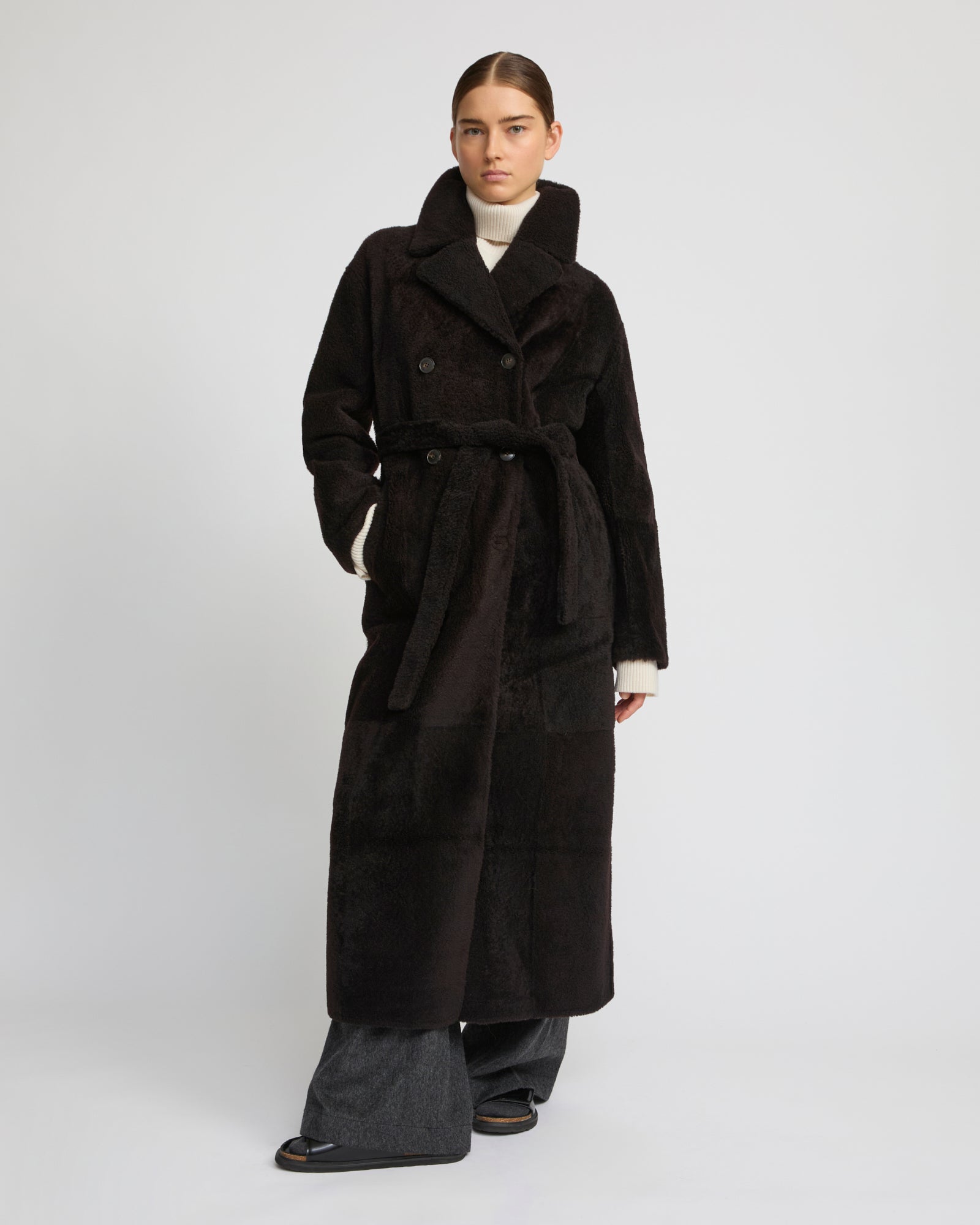 Double-breasted astrakan-style lambskin shearling coat – Yves Salomon