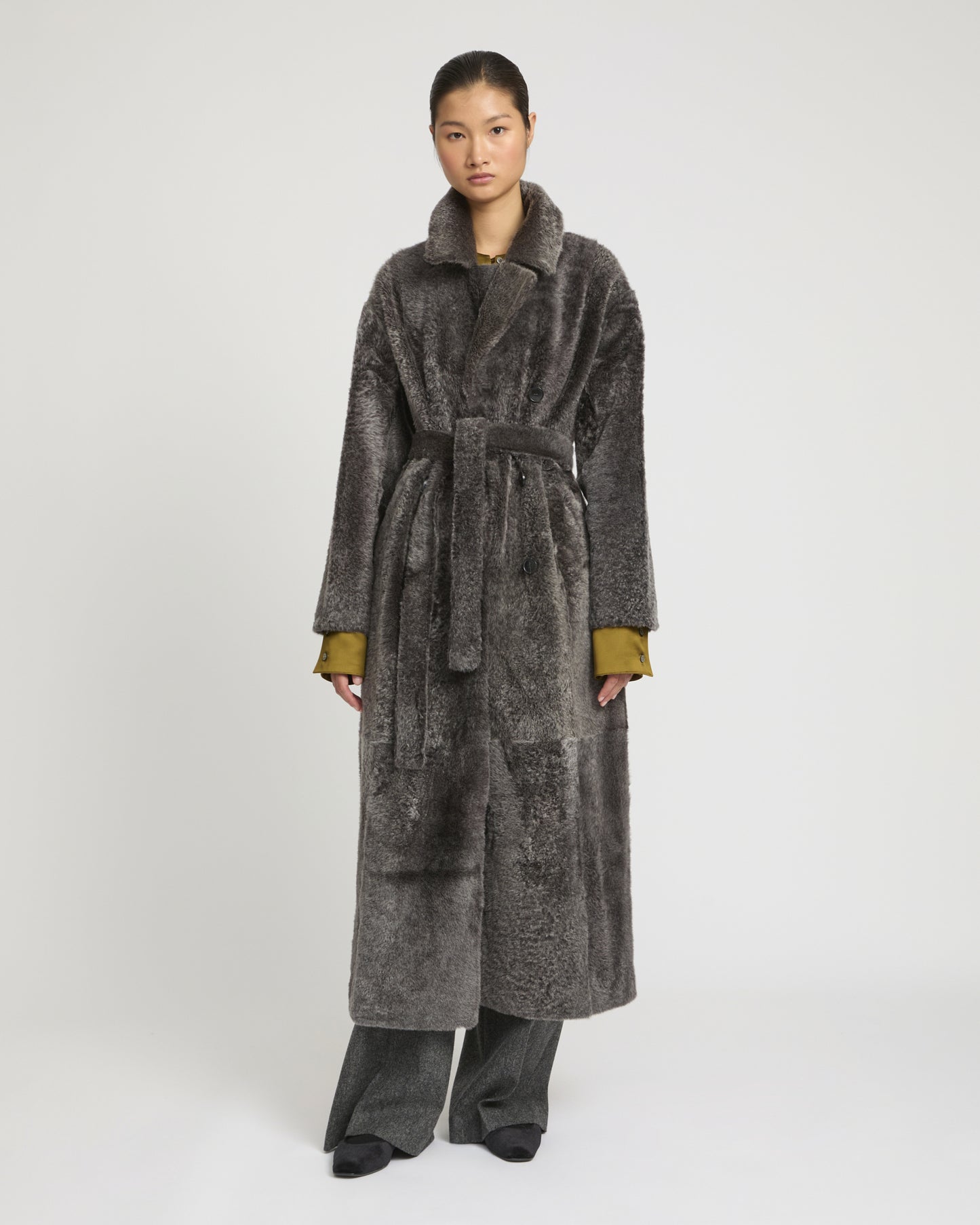 Double-breasted astrakan-style lambskin shearling coat