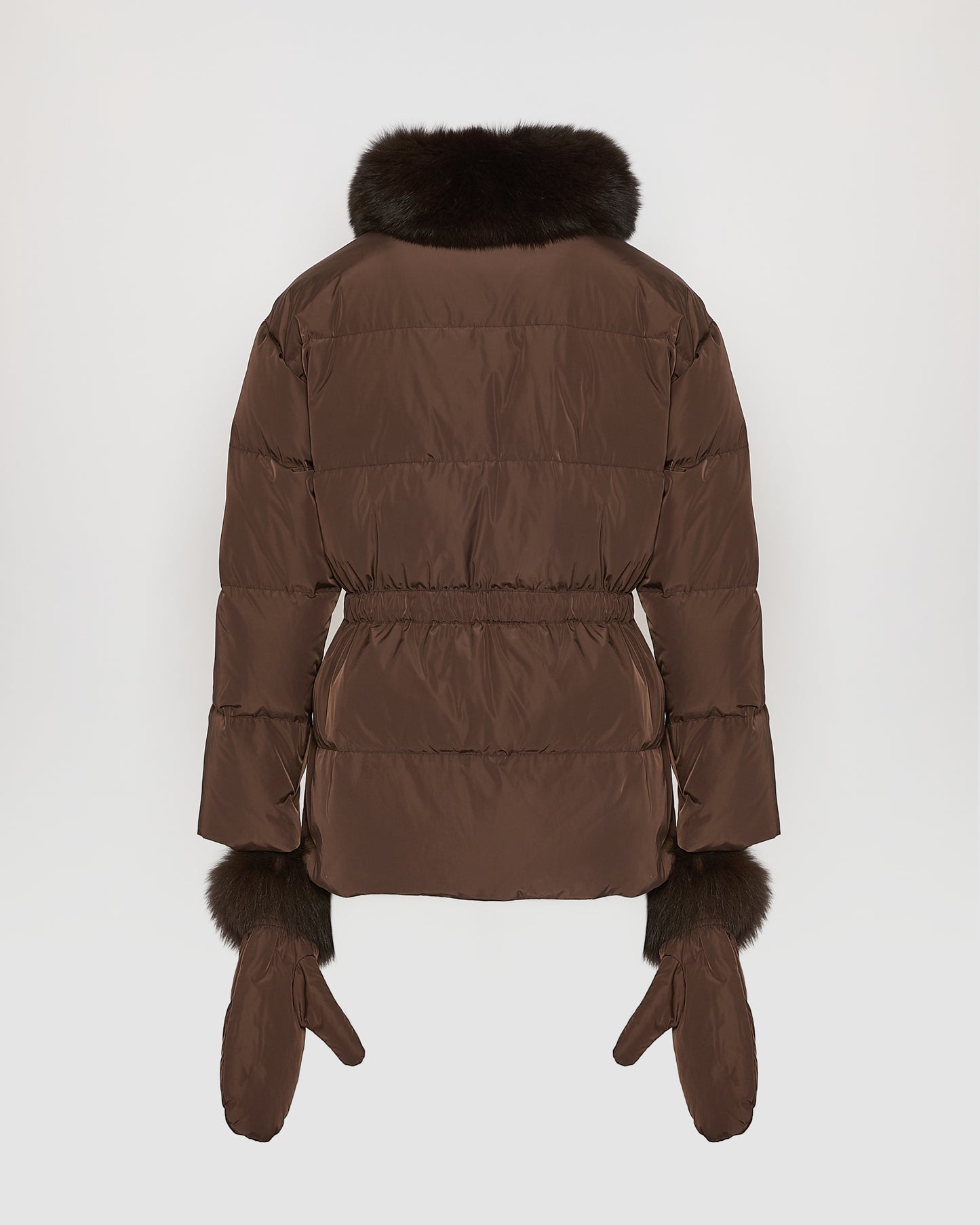 Doudoune ceinturée en tissu technique et col amovible en fourrure de renard