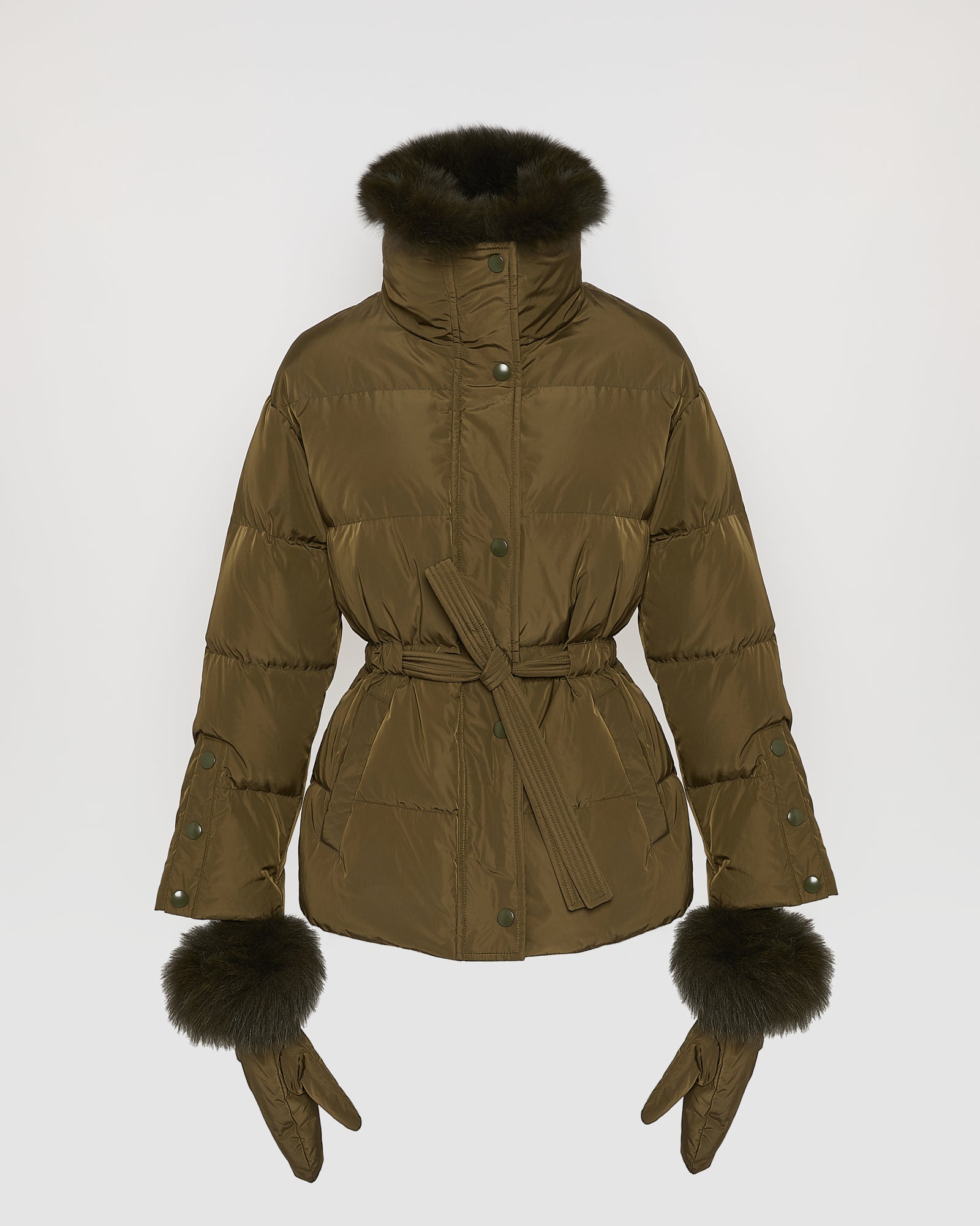 Belted technical fabric down jacket with detachable fox fur collar