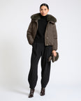 Short technical fabric down jacket with detachable fox fur collar