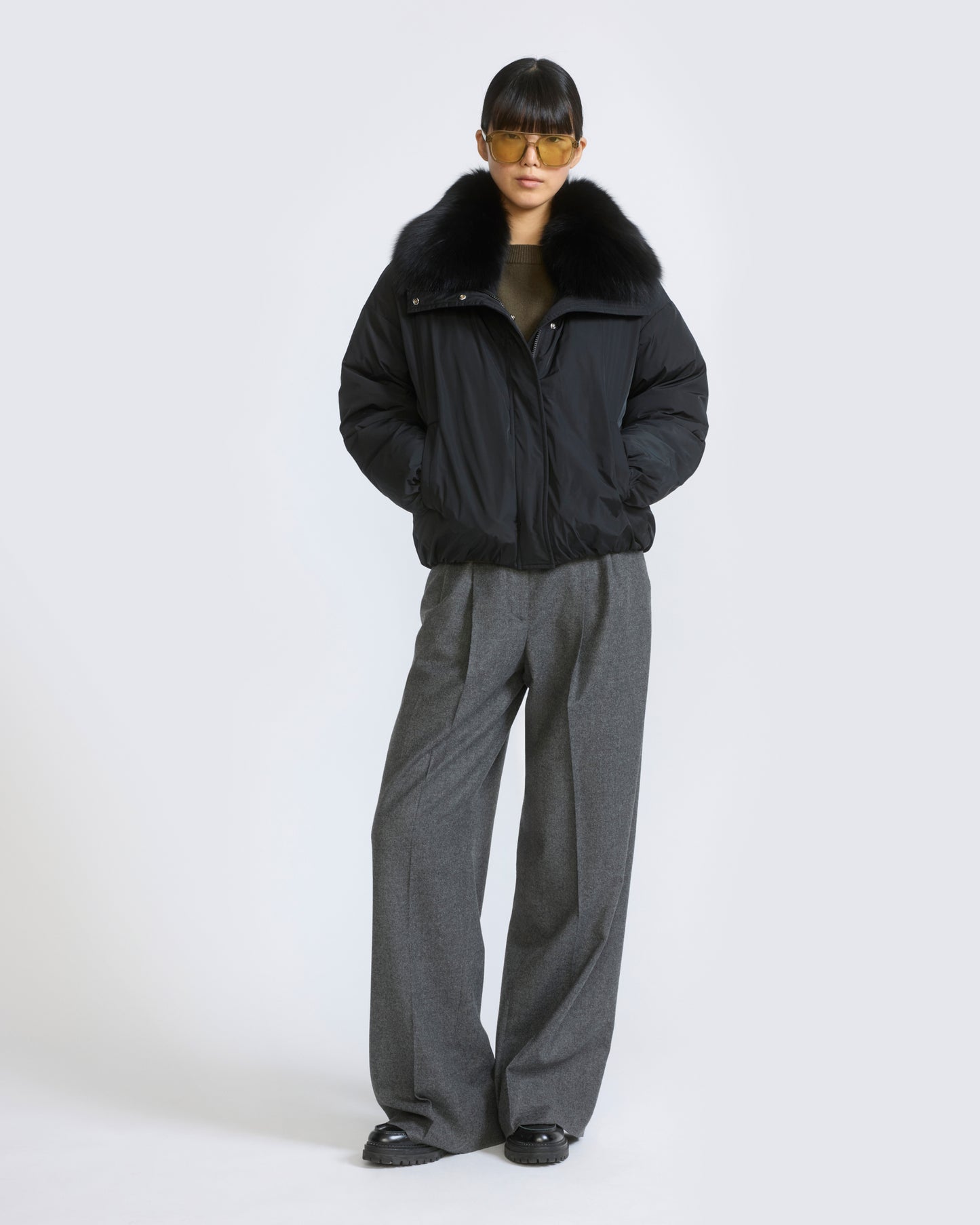 Short technical fabric down jacket with detachable fox fur collar