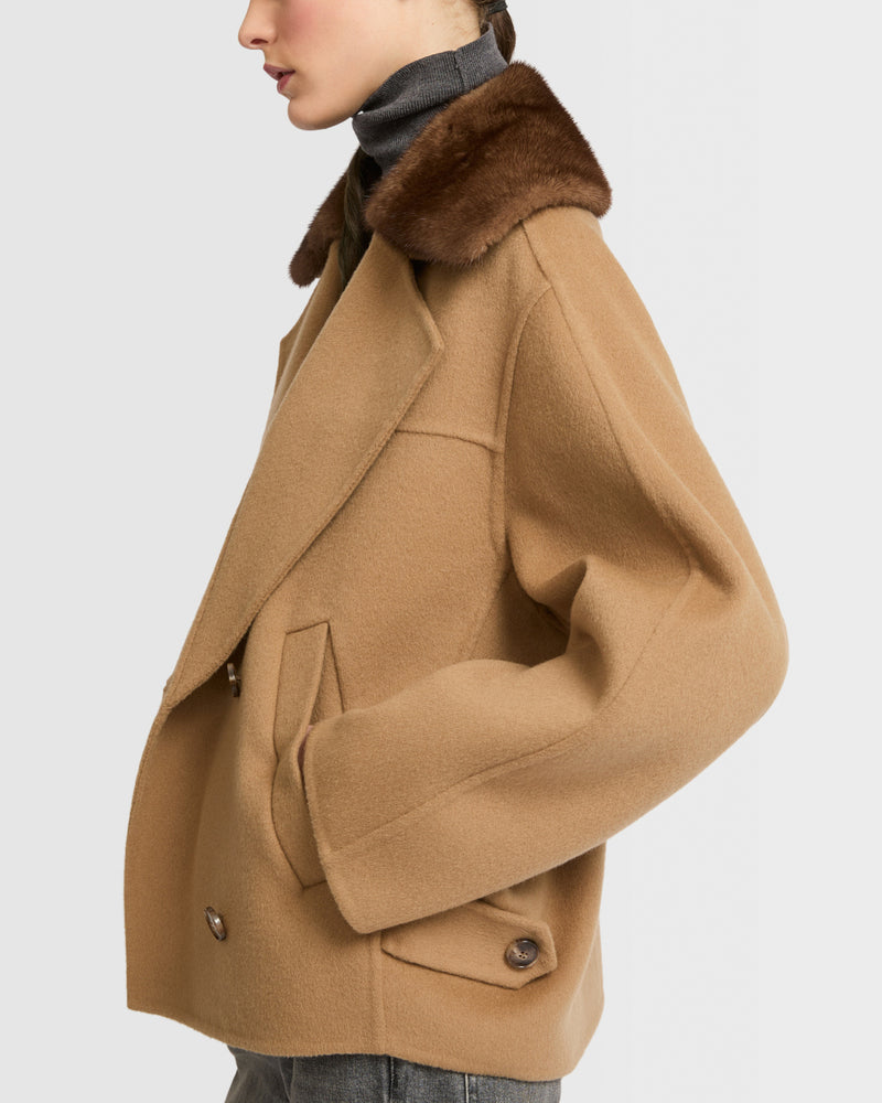 Veste caban en cachemire mélangé et col amovible en fourrure de vison
