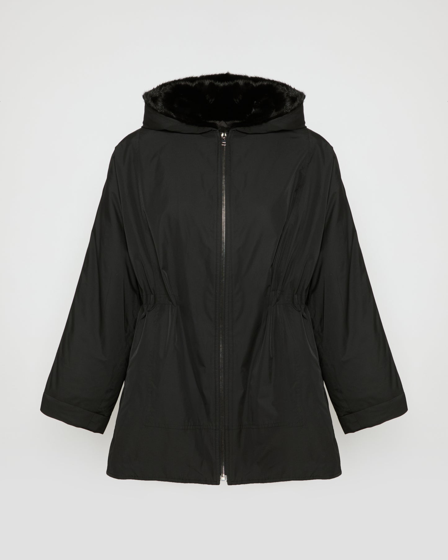 Cape jacket in technical fabric and long-haired mink fur