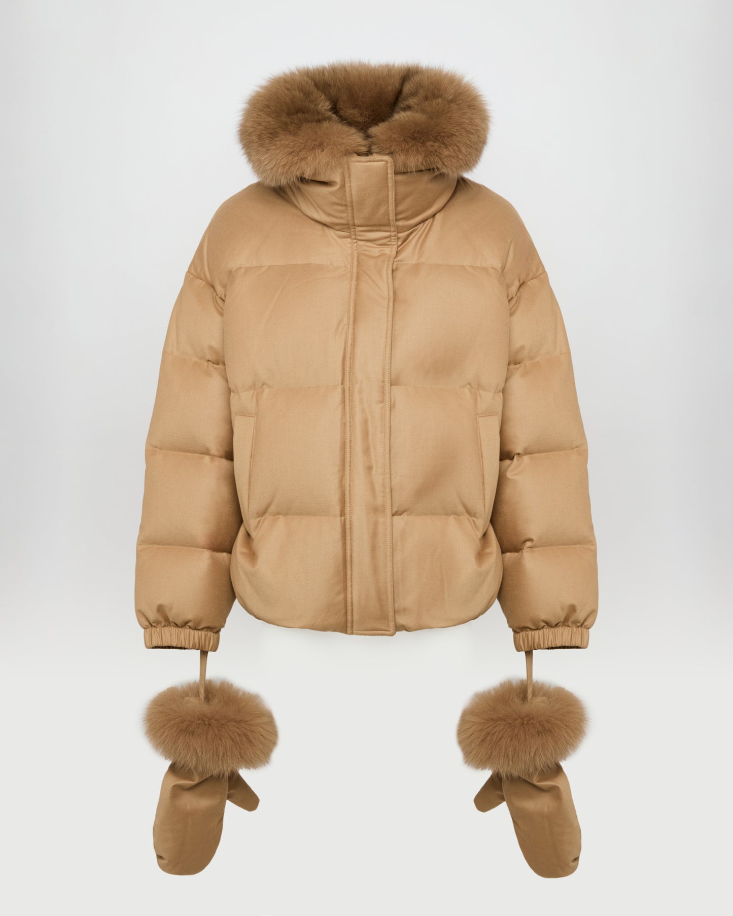 Short down jacket with detachable fox fur collar and mittens