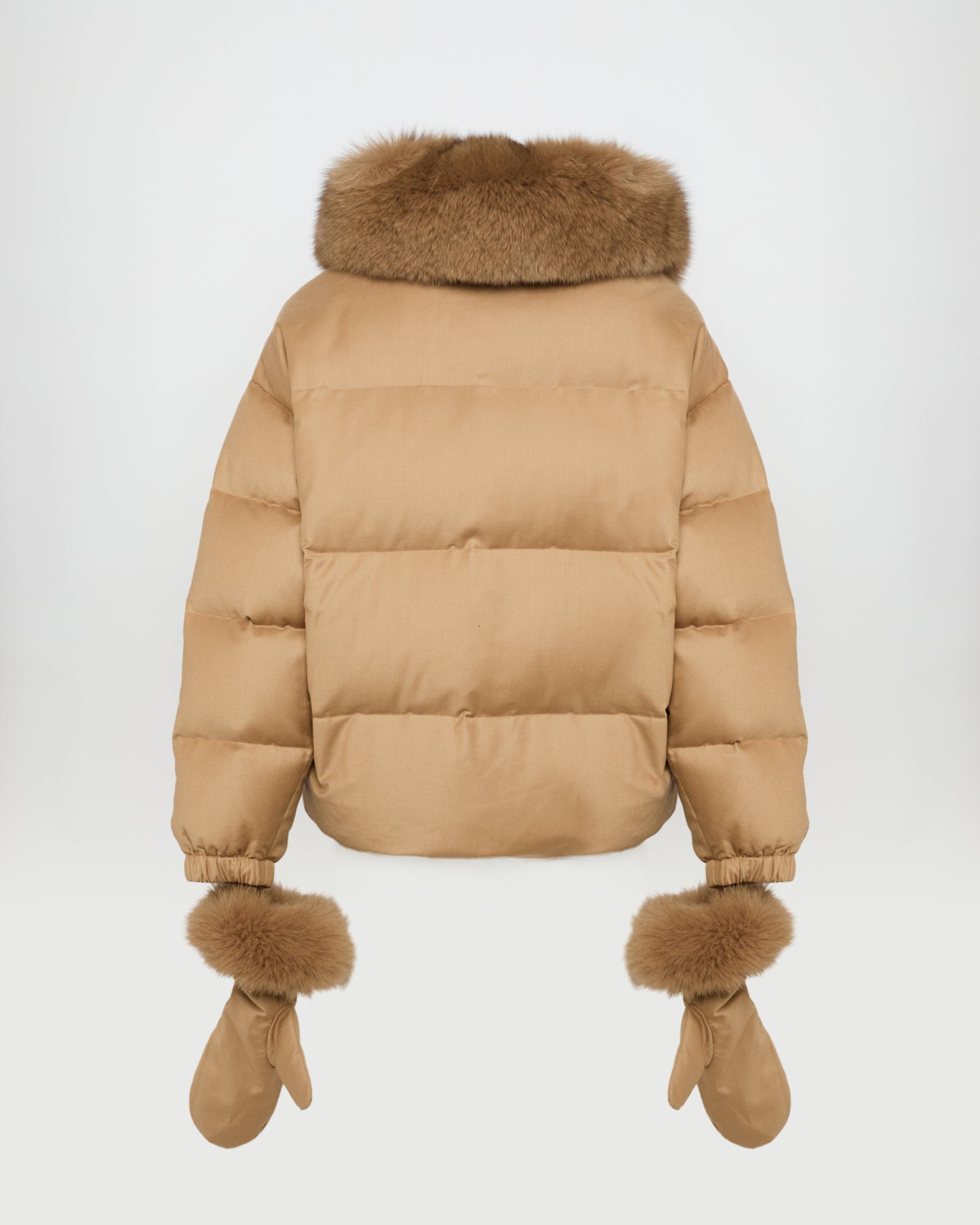Short down jacket with detachable fox fur collar and mittens