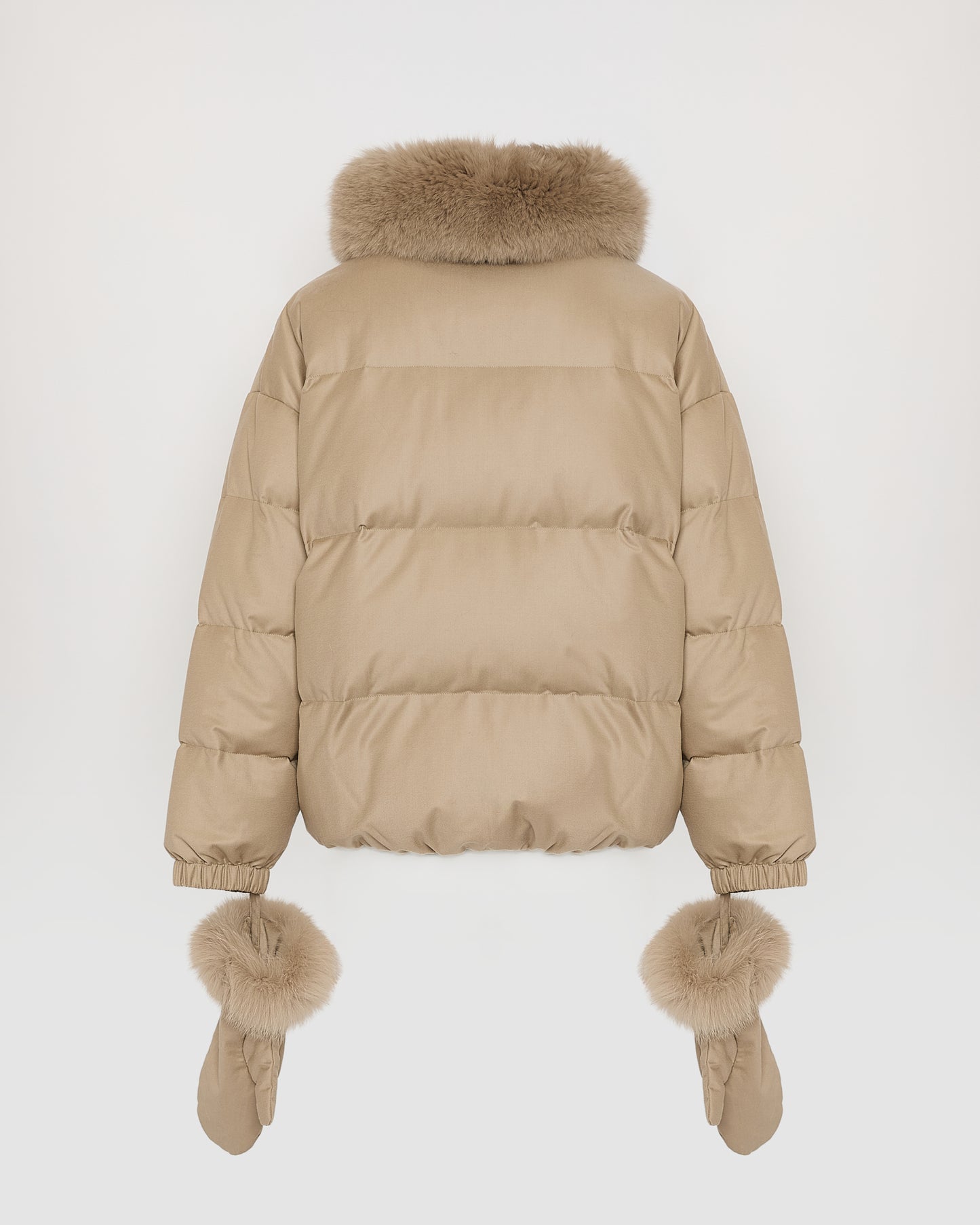 Short down jacket with detachable fox fur collar and mittens