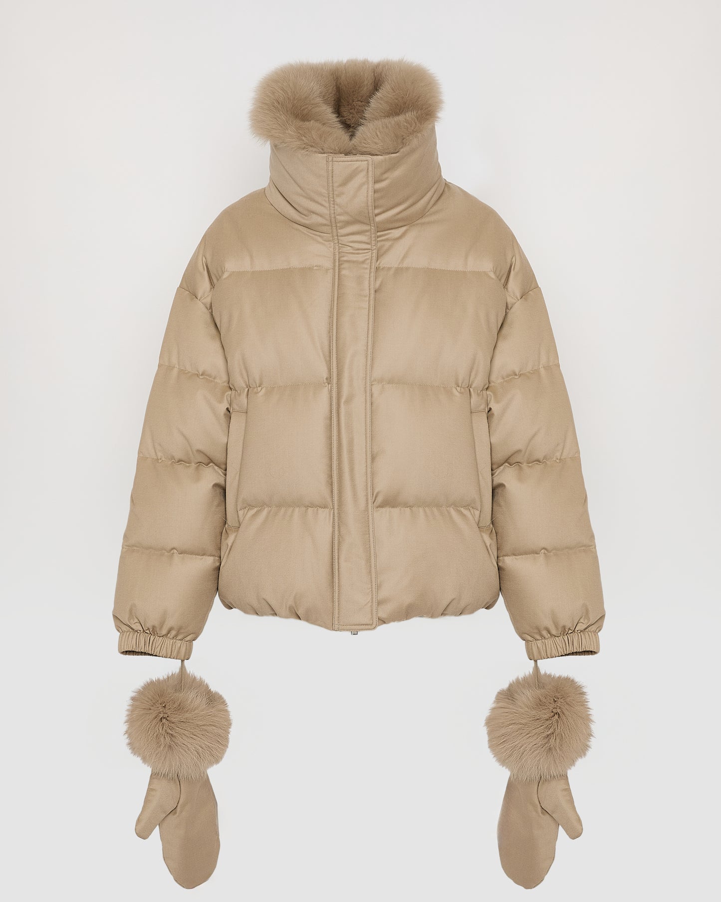 Short down jacket with detachable fox fur collar and mittens