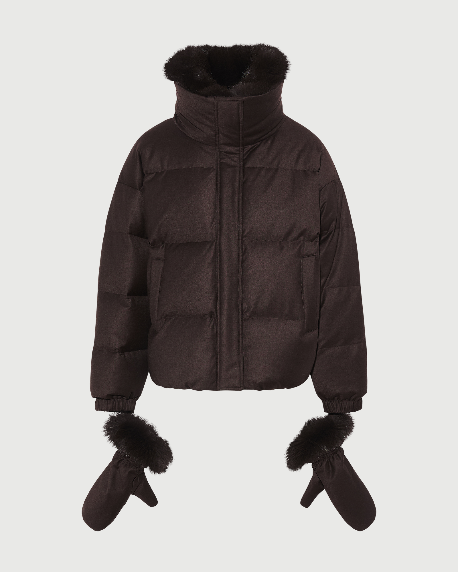 Doudoune courte en tissu Loro Piana avec col amovible en fourrure de renard et moufles- Yves Salomon - Nouvelle collection Automne Hiver