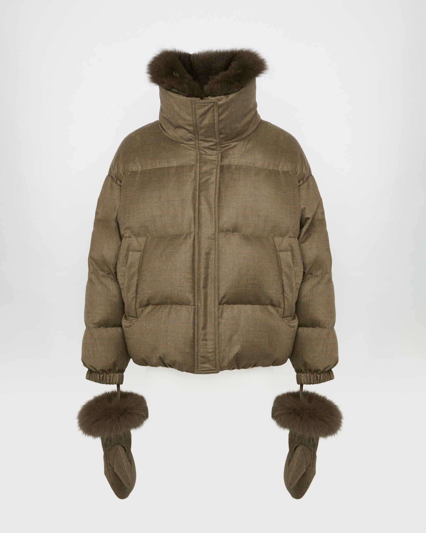 Short down jacket with detachable fox fur collar and mittens