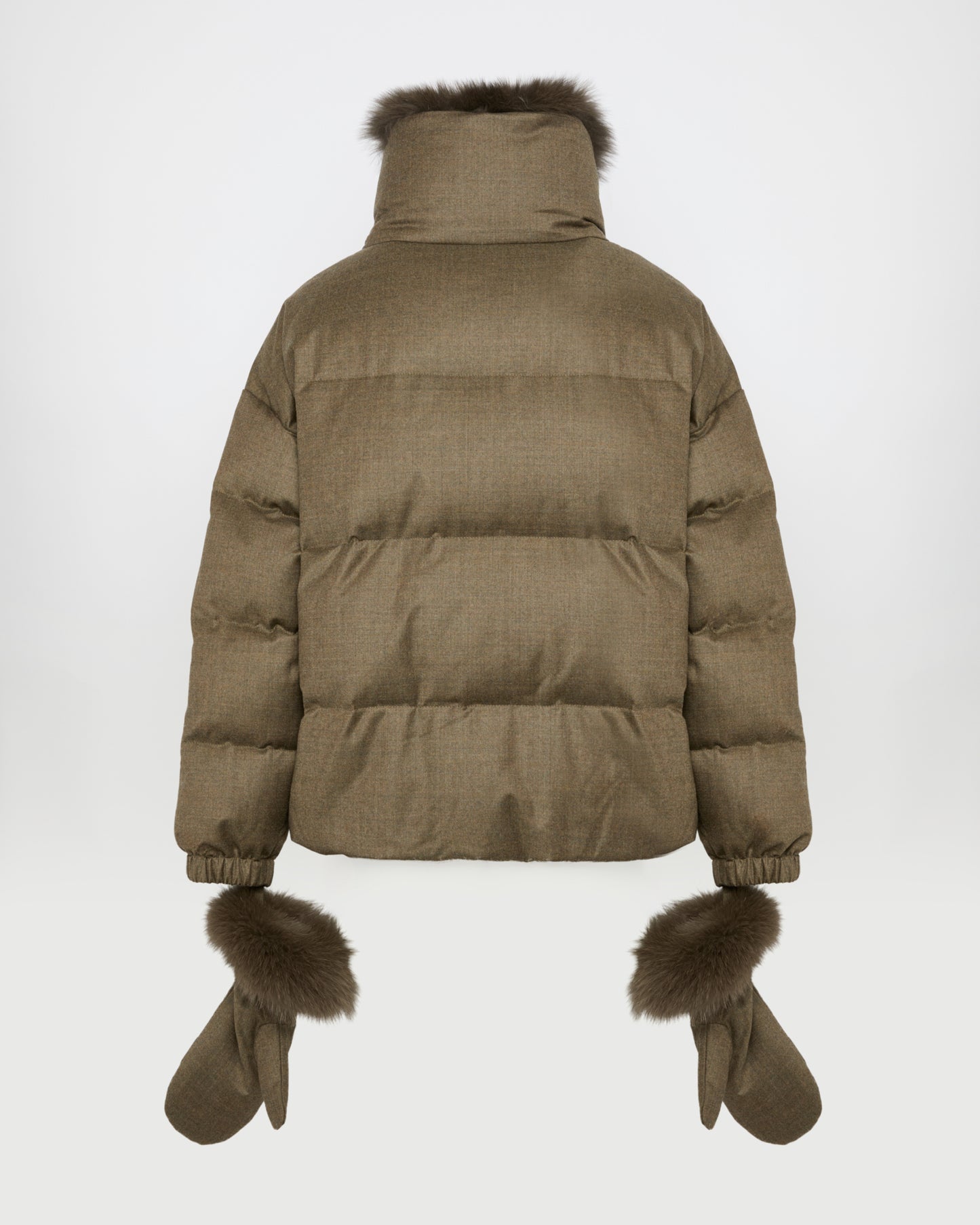 Short down jacket with detachable fox fur collar and mittens