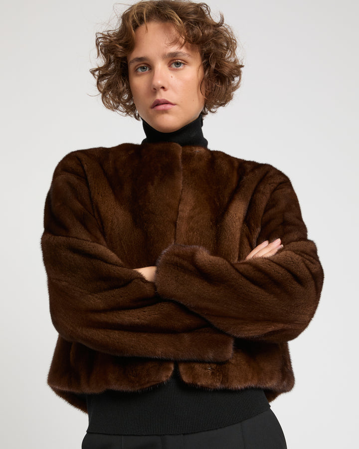Long-haired mink fur round neck jacket