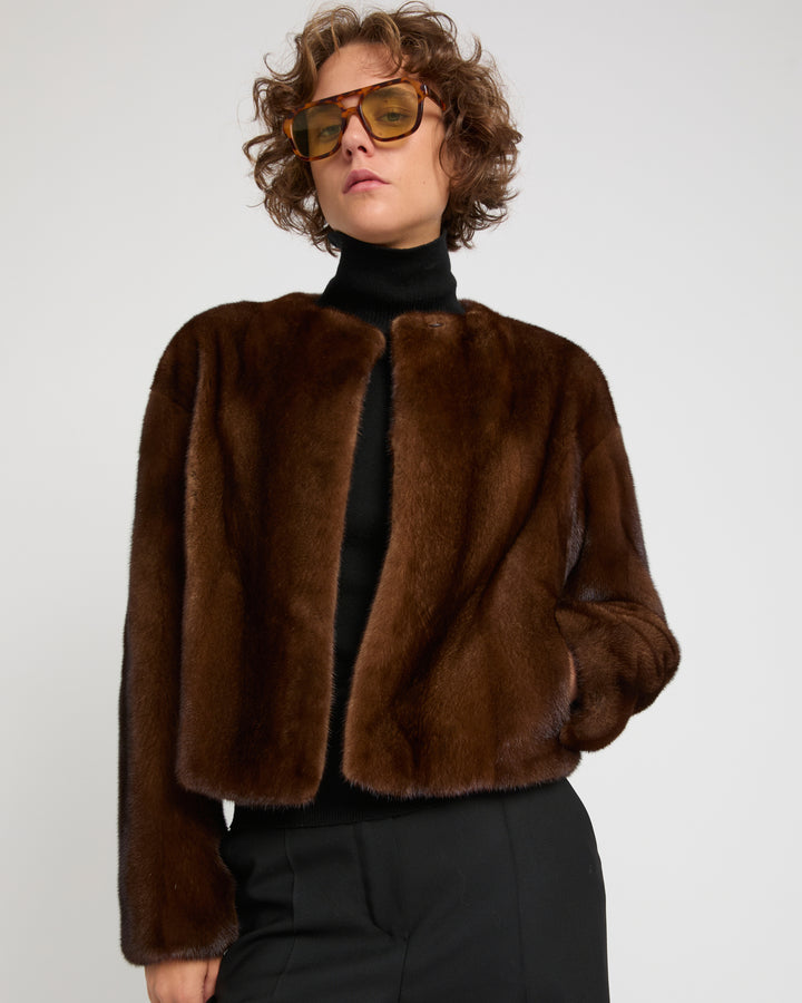 Long-haired mink fur round neck jacket