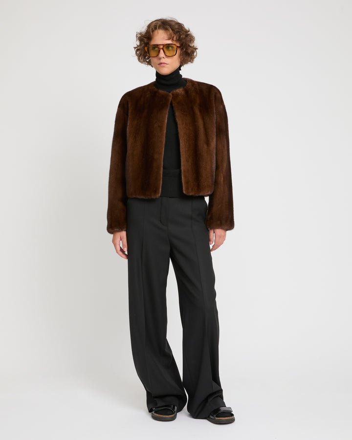 Long-haired mink fur round neck jacket
