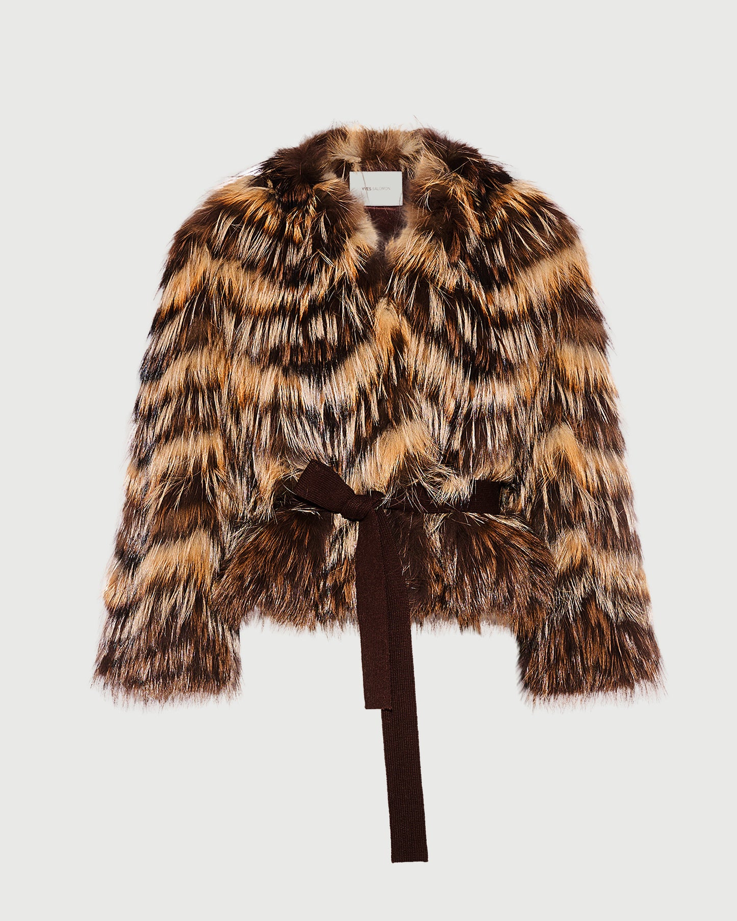 Belted jacket in merino knit and fox fur