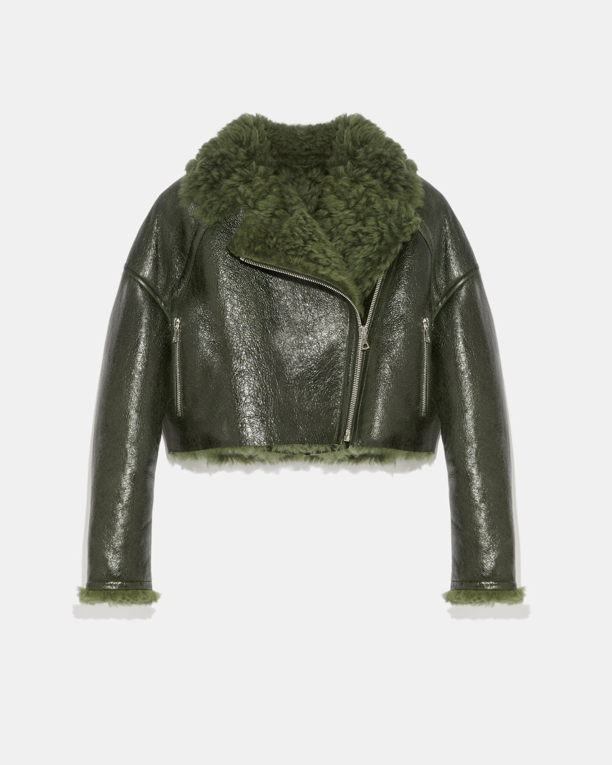 Cropped biker jacket in patent merino - Green - Yves Salomon
