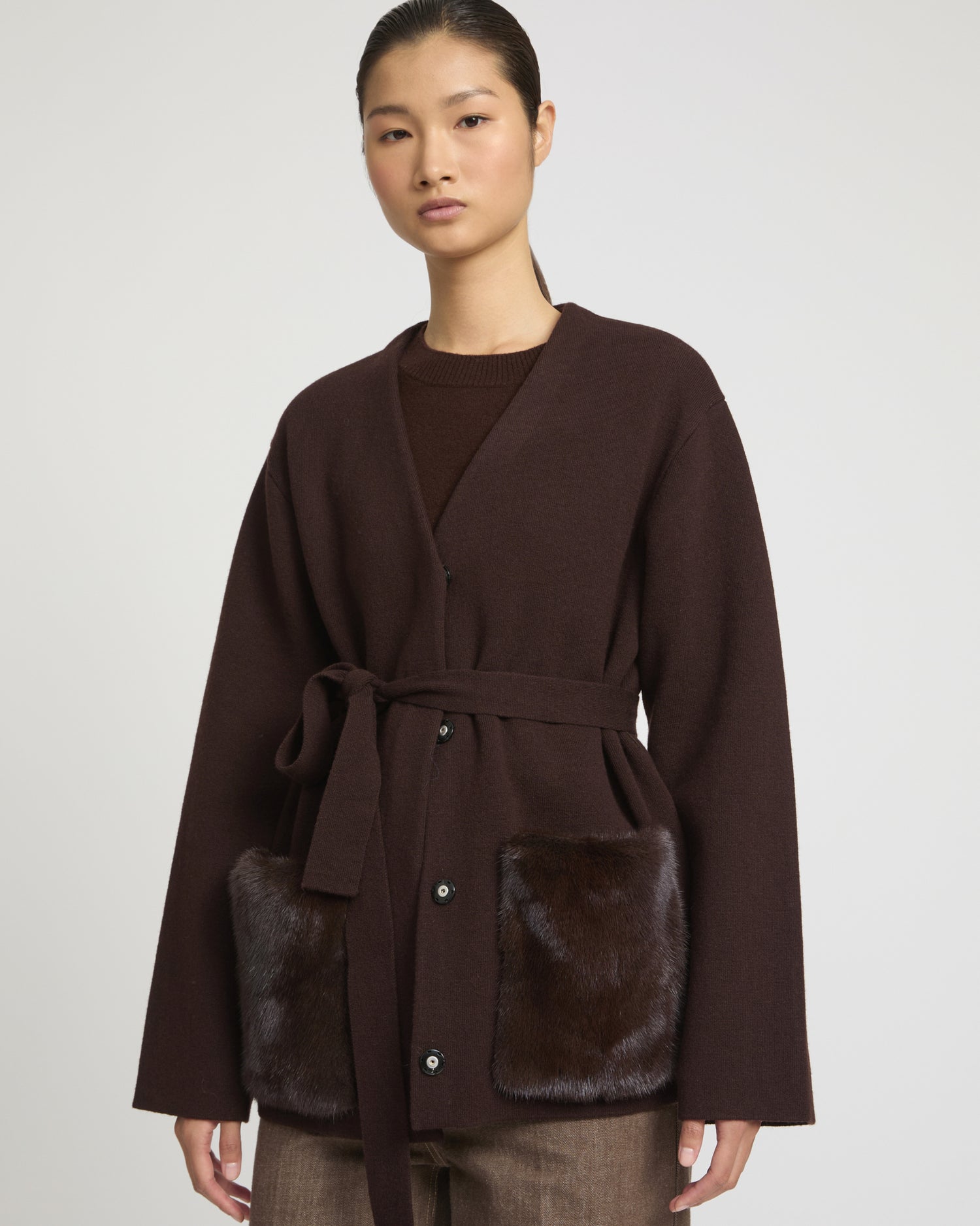 Veste ceinturée en maille et fourrure de vison -Yves Salomon