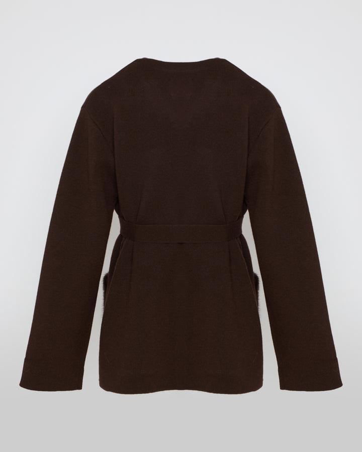 Black Friday - Yves Salomon - Veste ceinturée en maille et fourrure de vison - marron - vue dos