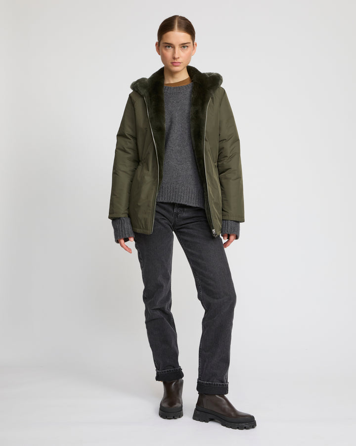 Parka à capuche réversible en tissu technique et lapin rex