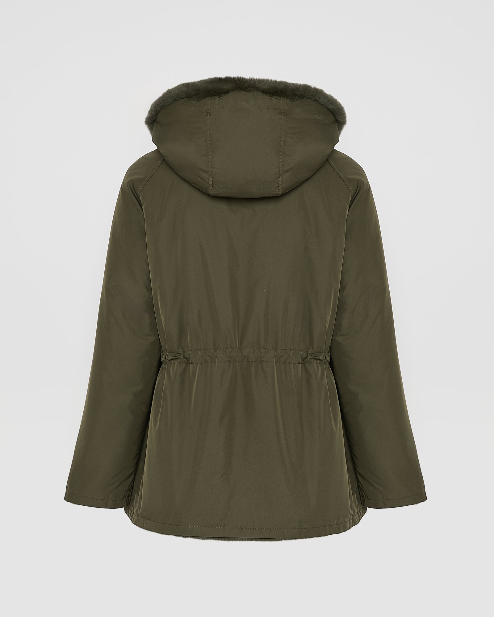 Dwustronna kurtka z kapturem z futra z królika rex i tkaniny