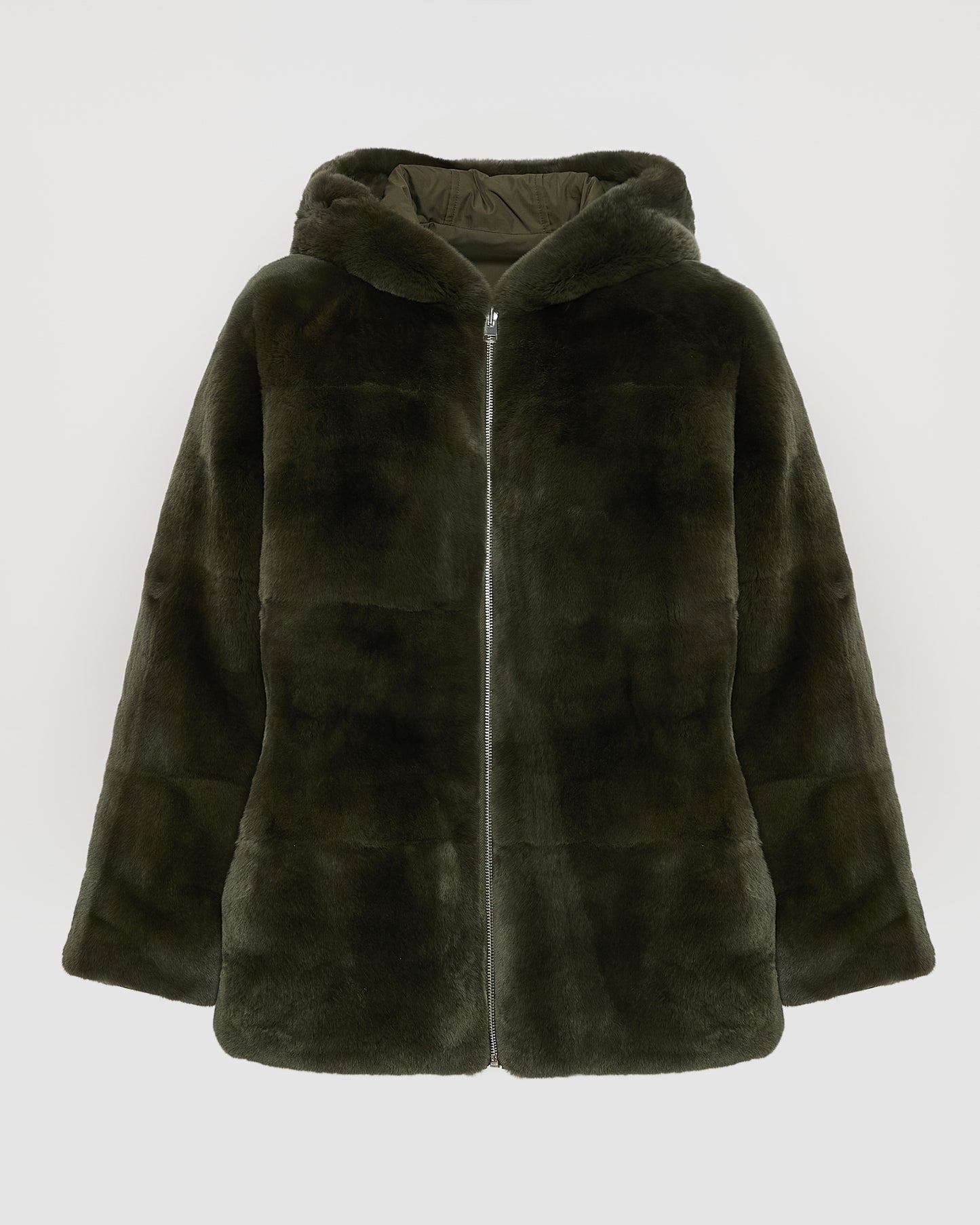 Parka à capuche réversible en tissu technique et lapin rex