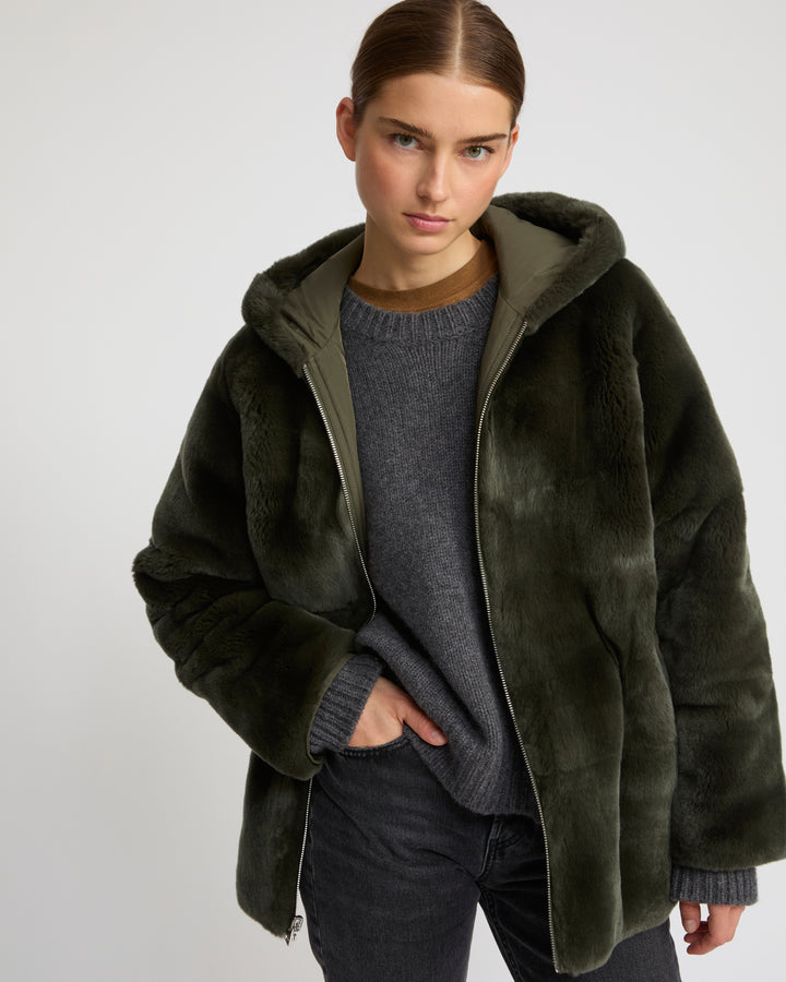 Parka à capuche réversible en tissu technique et lapin rex