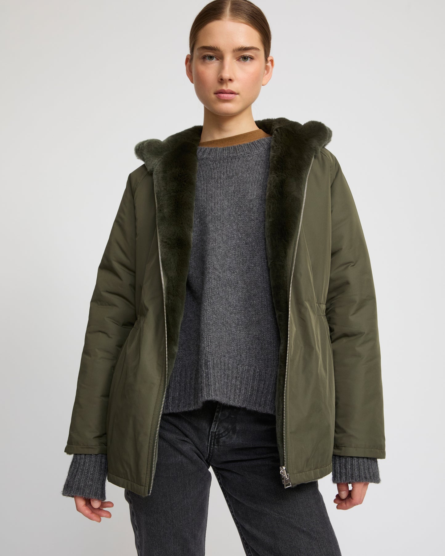 Parka à capuche réversible en tissu technique et lapin rex