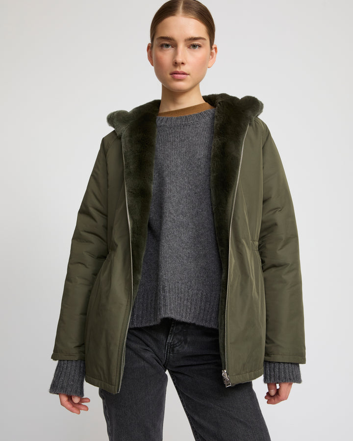 Parka à capuche réversible en tissu technique et lapin rex