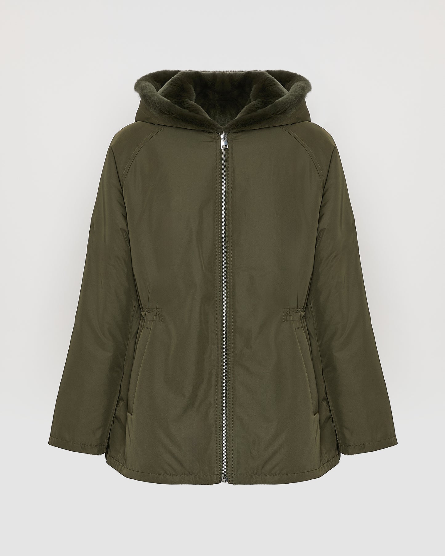 Parka à capuche réversible en tissu technique et lapin rex