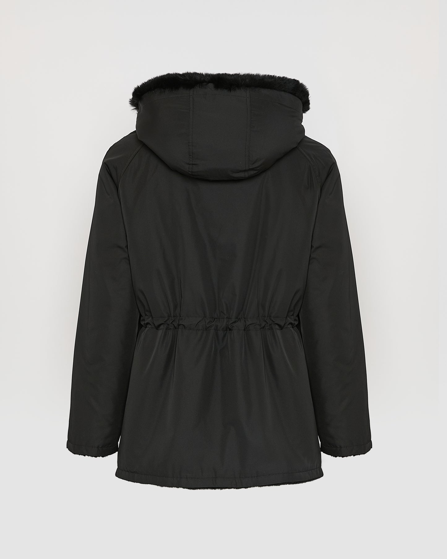 Reversible hooded jacket in rabbit rex fur and technical fabric