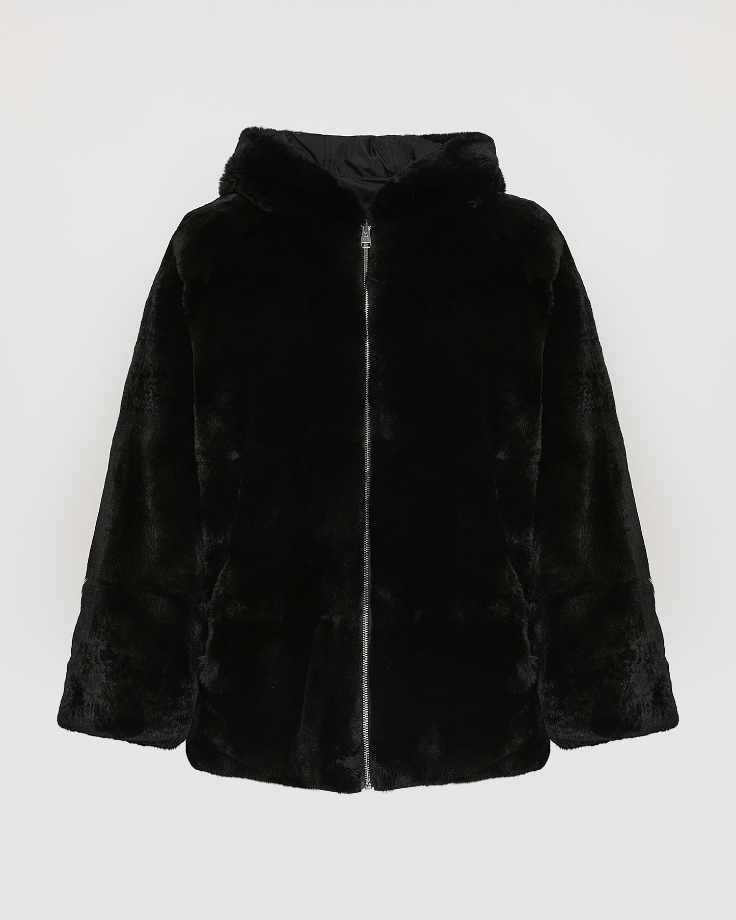 Reversible hooded jacket in rabbit rex fur and technical fabric
