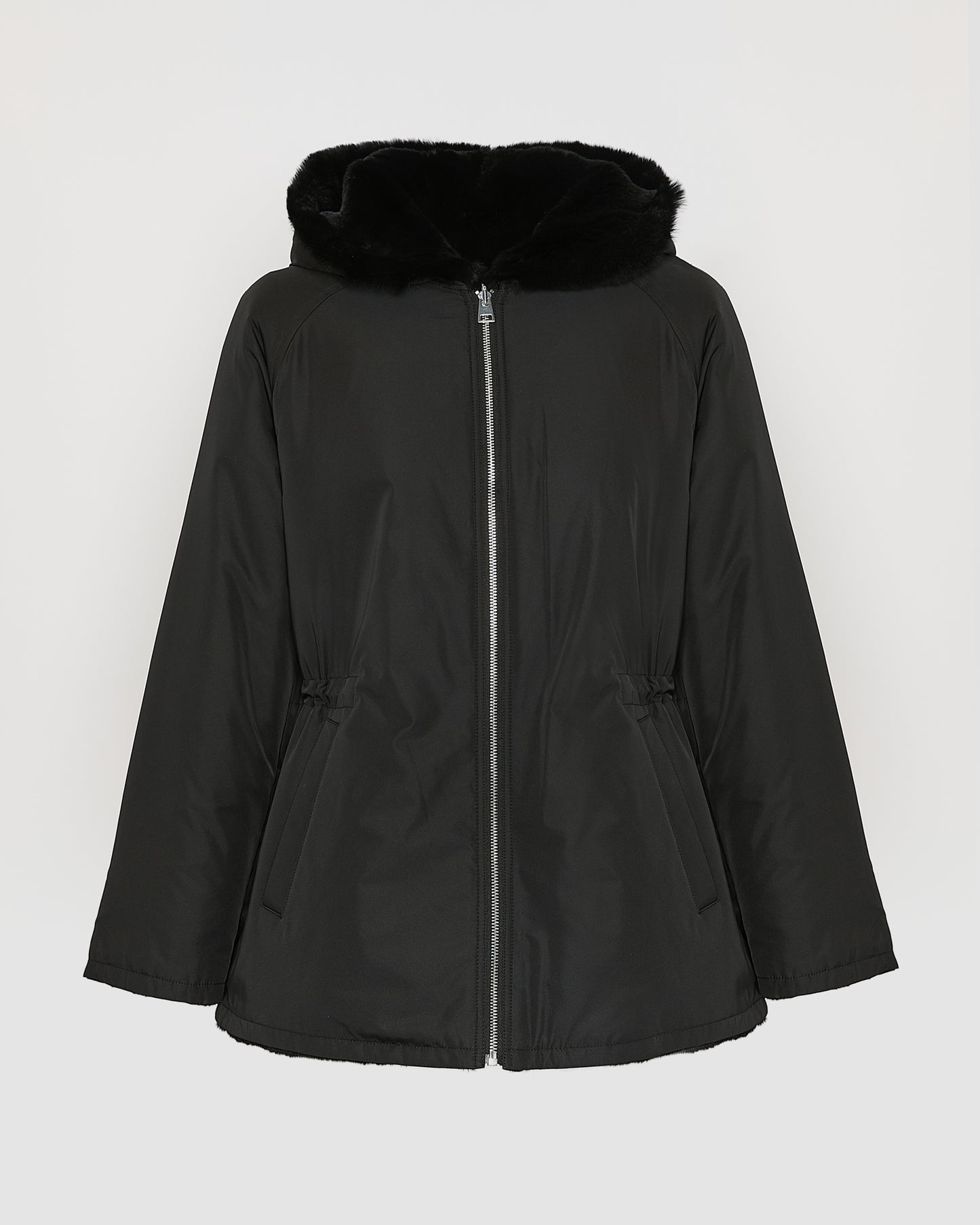 Reversible hooded jacket in rabbit rex fur and technical fabric