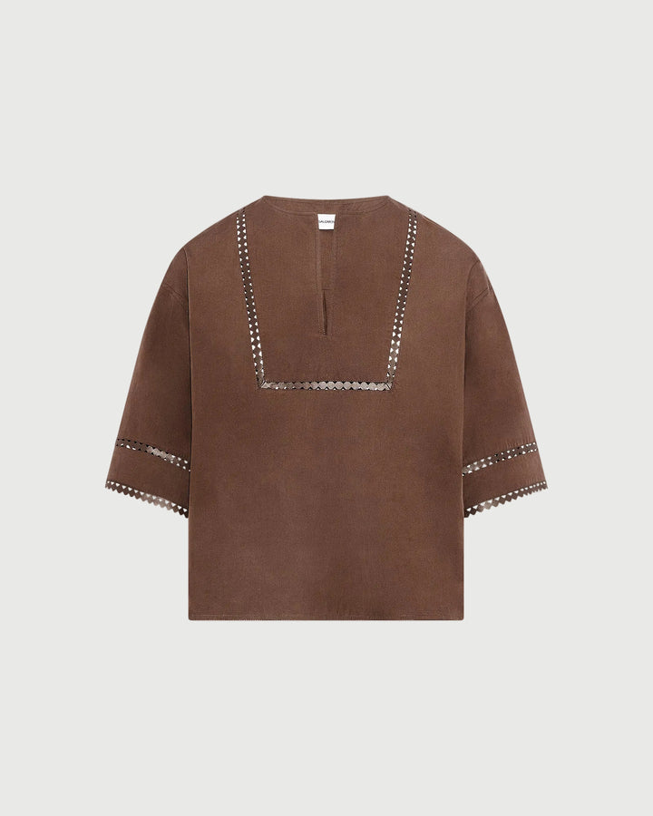 Short sleeve poplin blouse with leather details