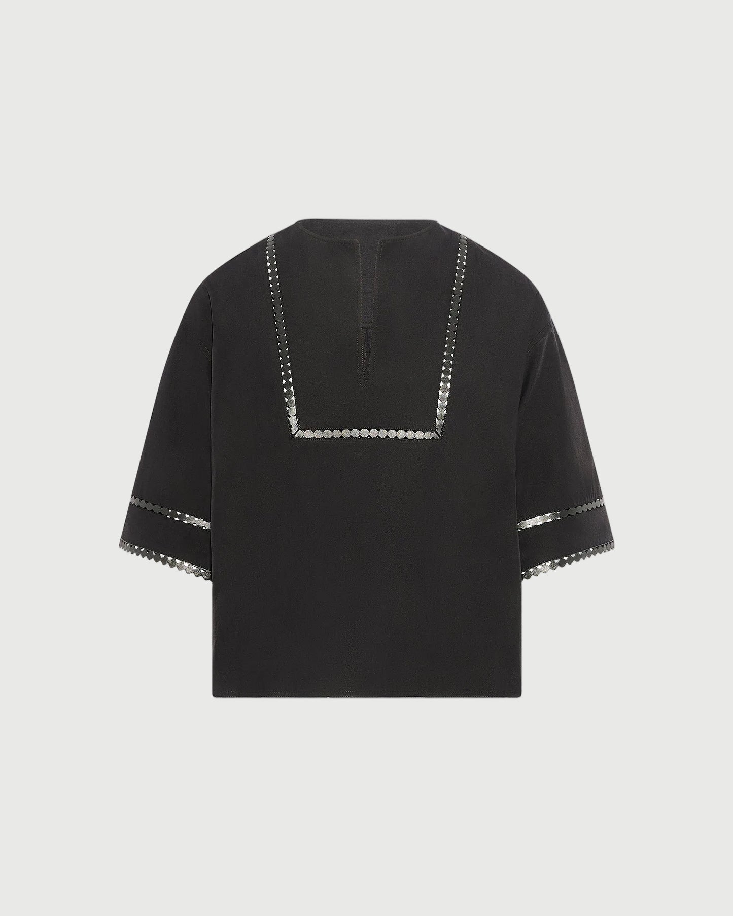 Blouse à manches courtes en popeline de coton et détails cuirs -Yves salomon - Nouvelle collection Printemps Été