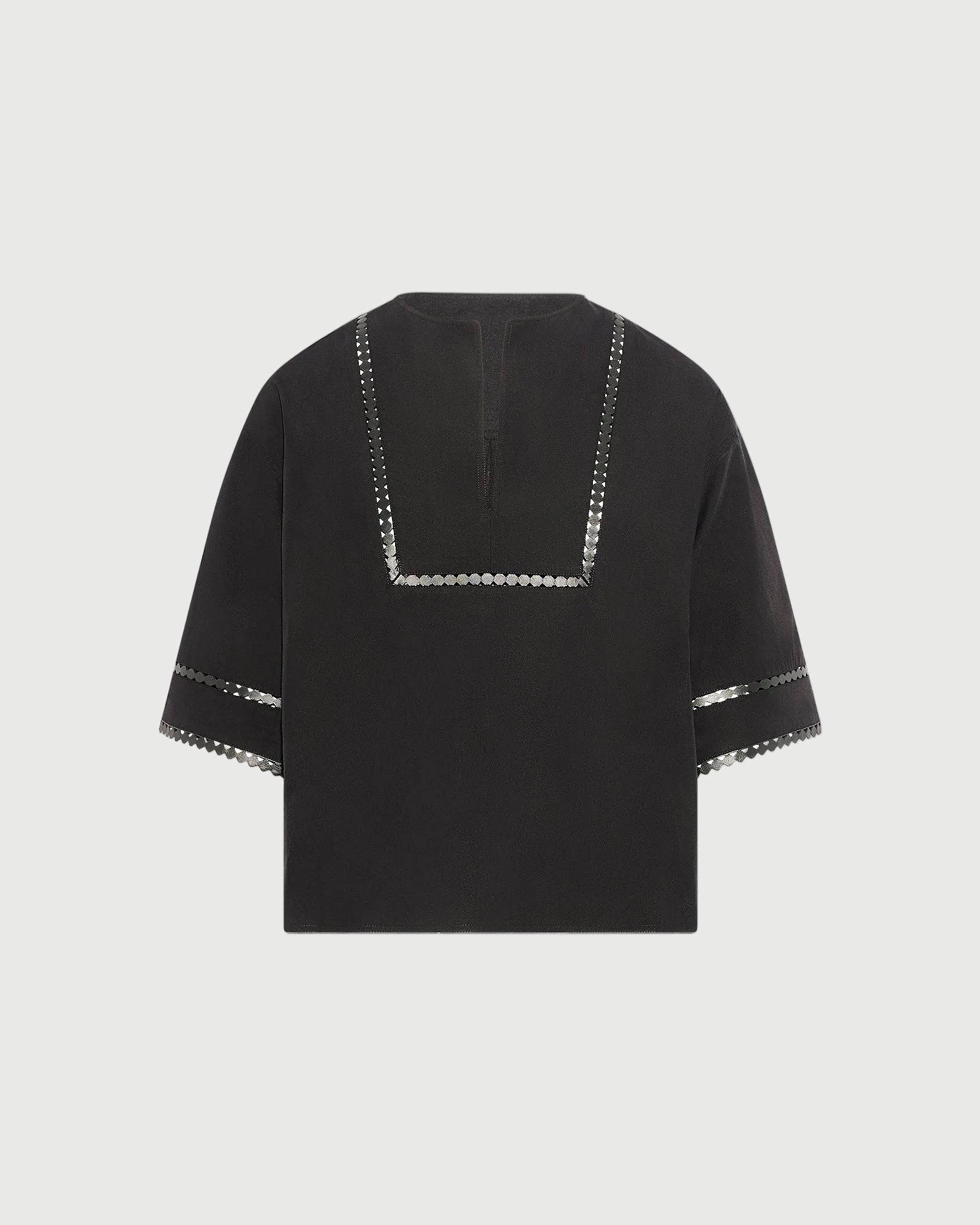 Blouse à manches courtes en popeline de coton et détails cuirs -Yves salomon - Nouvelle collection Printemps Été