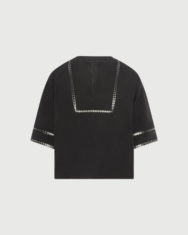 Short sleeve poplin blouse with leather details