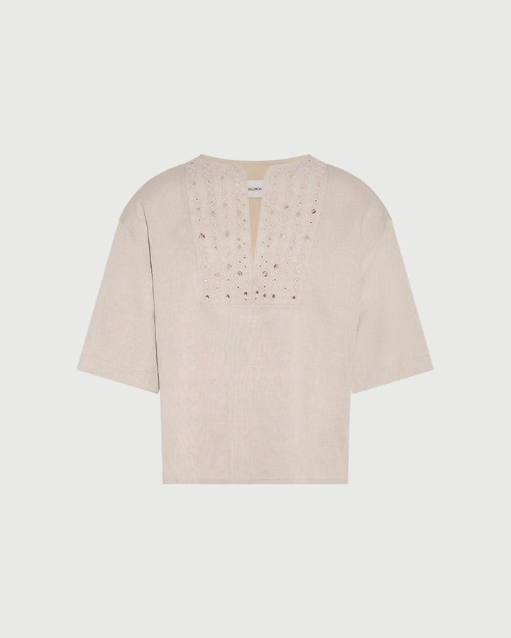 Blouse à manches courtes brodée en lin