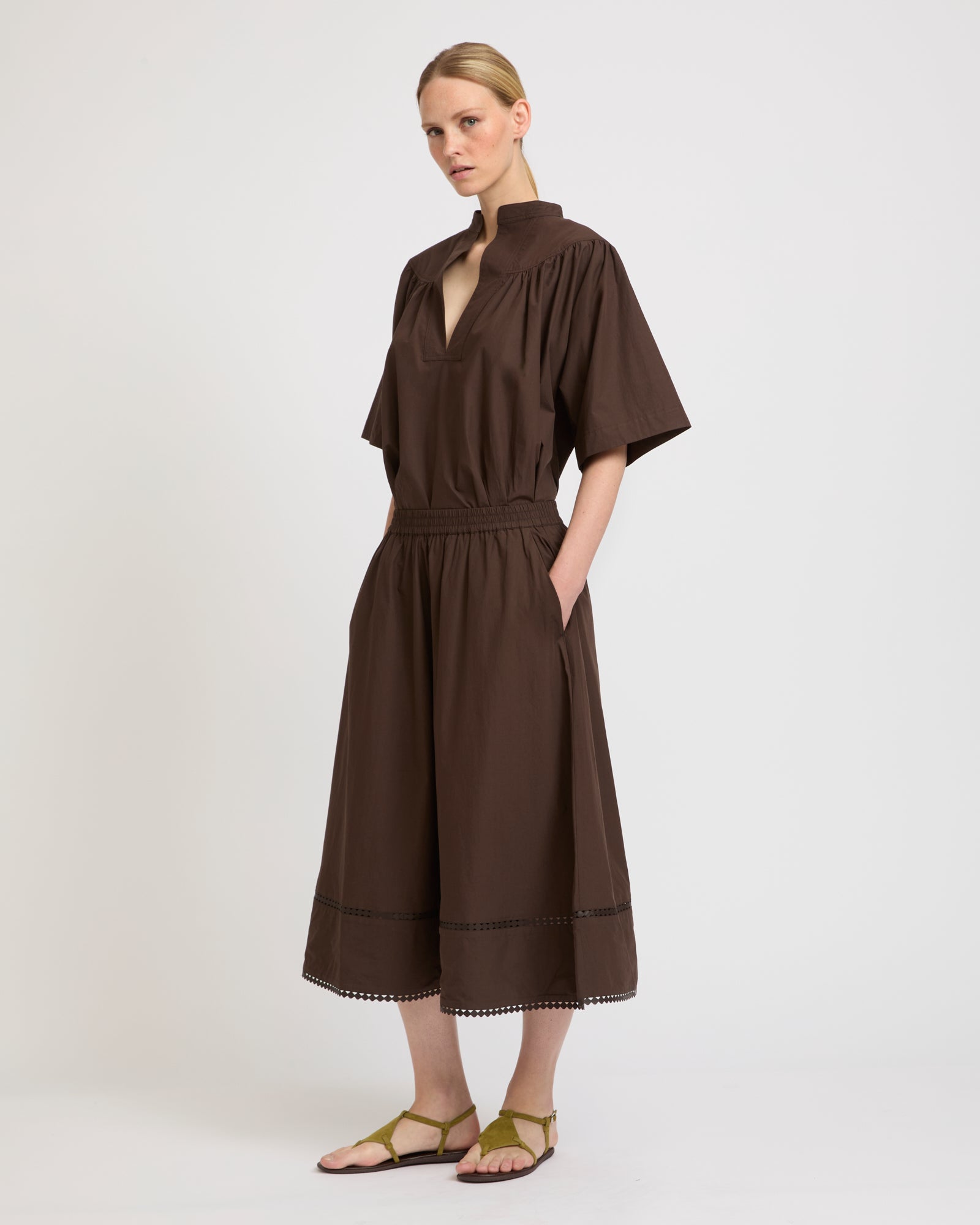 Jupe en popeline de coton et détails cuir -Yves salomon - Nouvelle collection Printemps Été