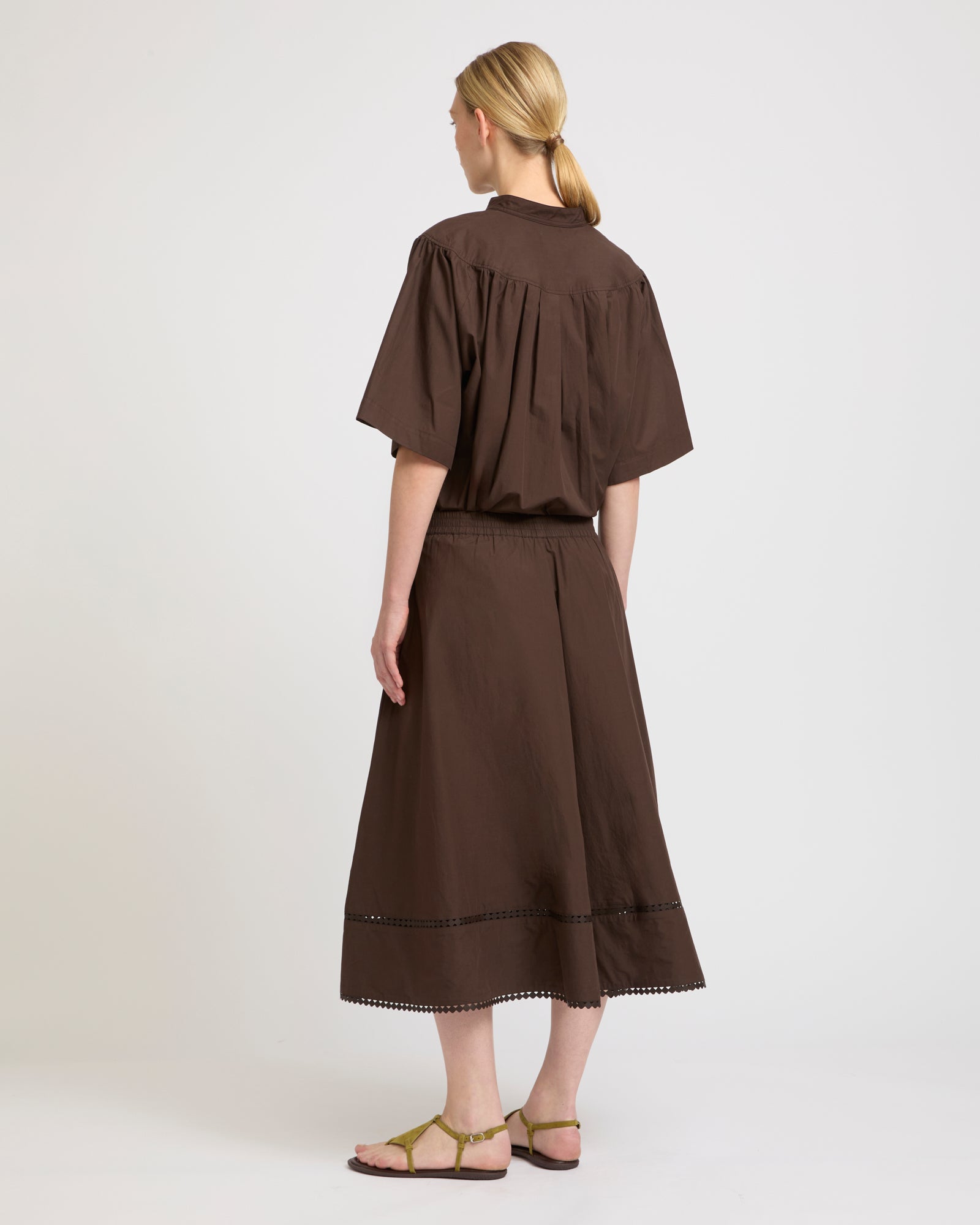 Jupe en popeline de coton et détails cuir -Yves salomon - Nouvelle collection Printemps Été