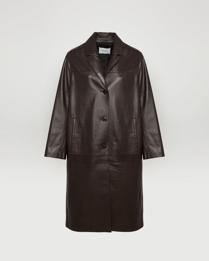 Black Friday - Yves Salomon - Manteau droit en cuir d'agneau - marron - vue face