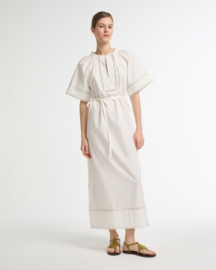 Robe à manches courtes en popeline de coton et détails cuirs -Yves salomon - Nouvelle collection Printemps Été