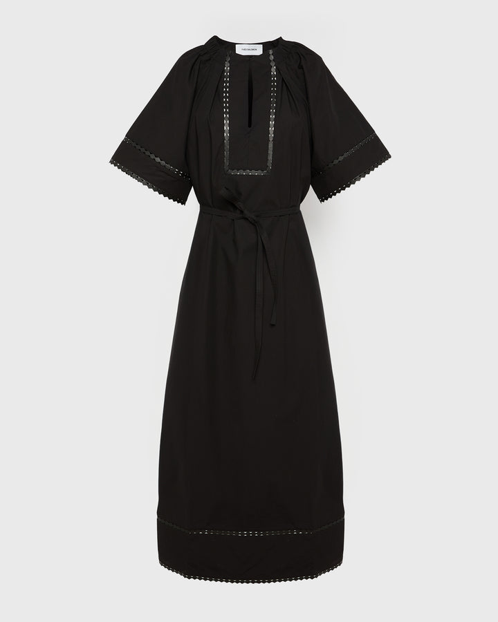 Robe à manches courtes en popeline de coton et détails cuirs -Yves salomon - Nouvelle collection Printemps Été