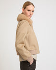 Veste bomber en lainage cachemire avec col amovible en agneau long poil