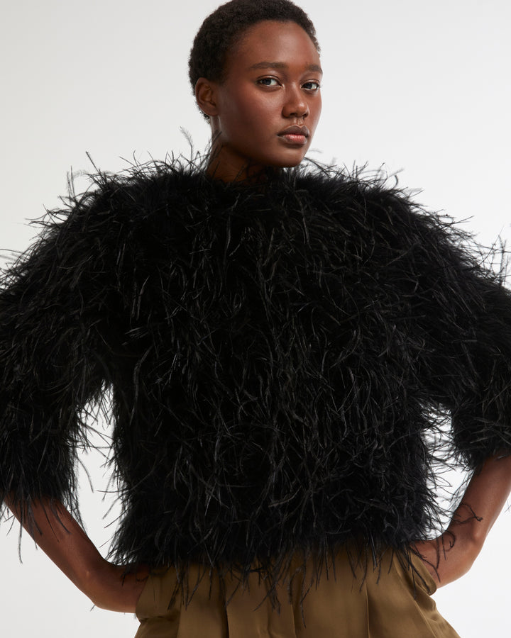 Veste courte en plumes d'autruche -Yves salomon - Nouvelle collection Printemps Été