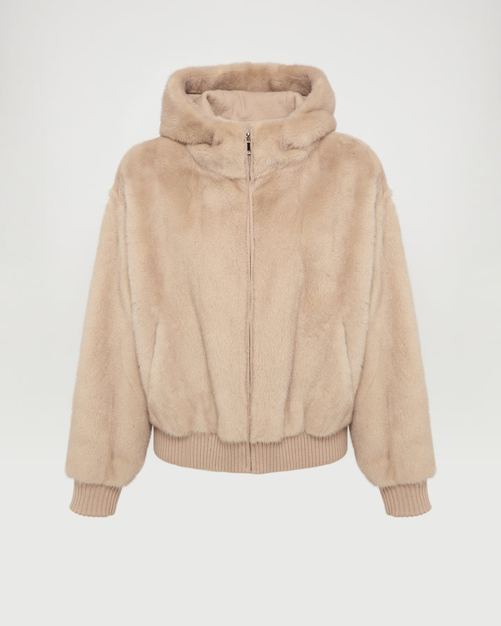 Merino knit and mink hooded blouson