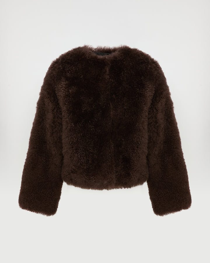 Veste courte en agneau long poil et maille mérinos