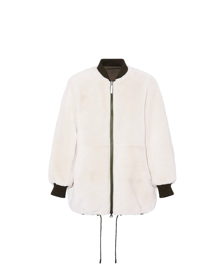 Long varsity jacket in shearling reversible technical fabric